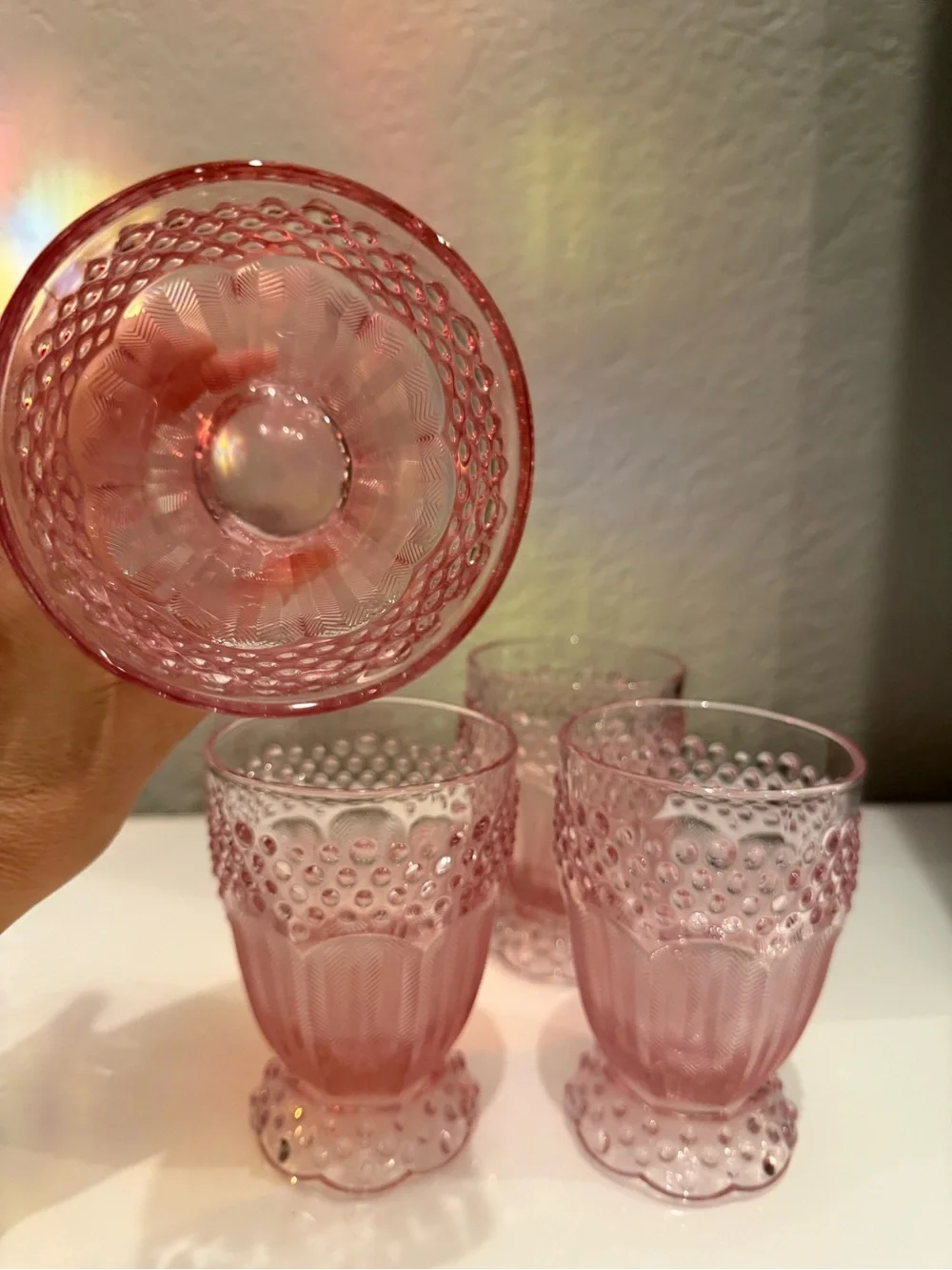 Gorham Crystal Emily's Attic Pink Hobnail Goblets 5’Italy~4 Pc Set excllent cond